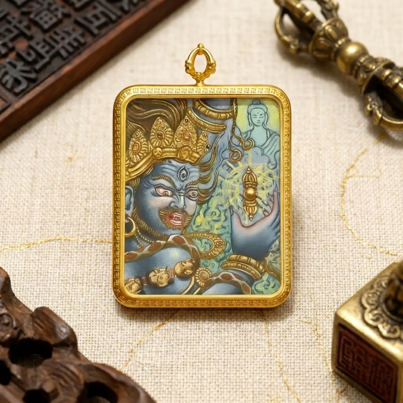 Acala (Blue Fierce Form) Hand-Painted Thangka Pendant | Immovable Protector Deity Amulet Against Harm & Obstacles image 2
