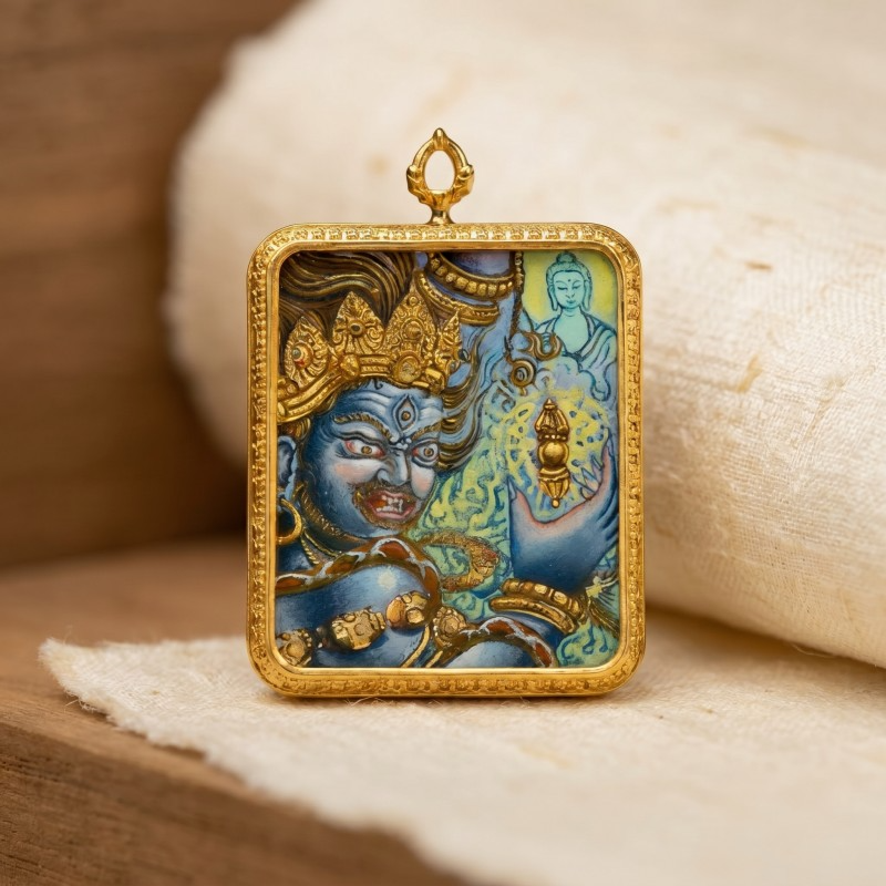 Acala (Blue Fierce Form) Hand-Painted Thangka Pendant | Immovable Protector Deity Amulet Against Harm & Obstacles image 3