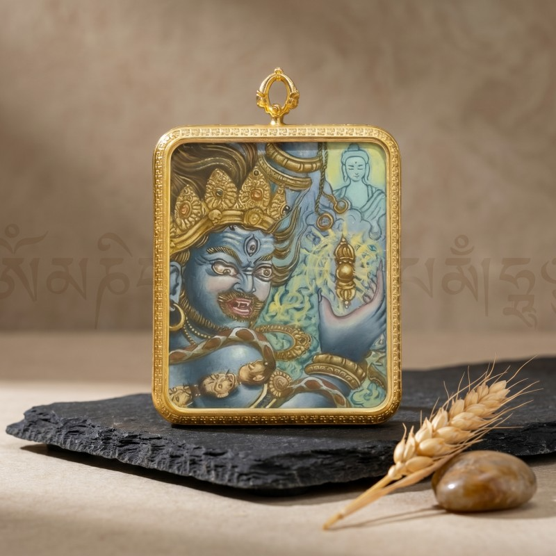 Acala (Blue Fierce Form) Hand-Painted Thangka Pendant | Immovable Protector Deity Amulet Against Harm & Obstacles image 4