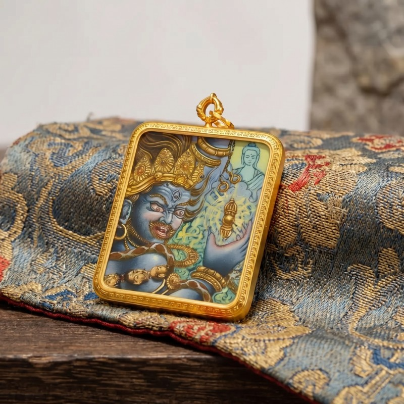 Acala (Blue Fierce Form) Hand-Painted Thangka Pendant | Immovable Protector Deity Amulet Against Harm & Obstacles image 5