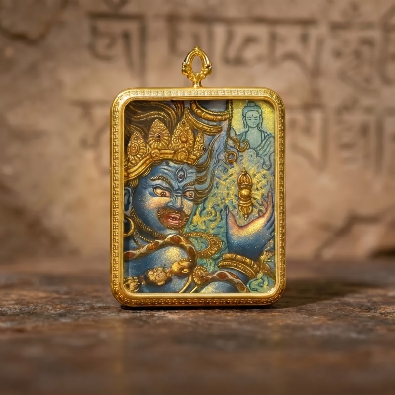 Acala (Blue Fierce Form) Hand-Painted Thangka Pendant | Immovable Protector Deity Amulet Against Harm & Obstacles image 6