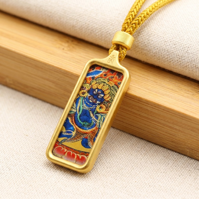 Acala (Blue Form) Hand-Painted Thangka Pendant | Fierce Protector Deity Amulet Against Harm & Obstacles