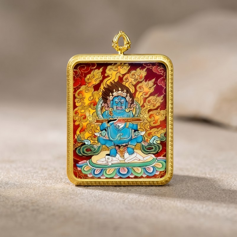 Acala (Immovable Protector) Hand-Painted Thangka Pendant | Amulet Against Harm & Obstacles