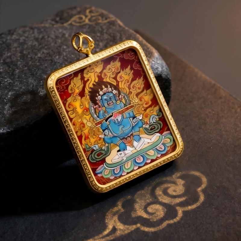 Acala (Immovable Protector) Hand-Painted Thangka Pendant | Amulet Against Harm & Obstacles image 2