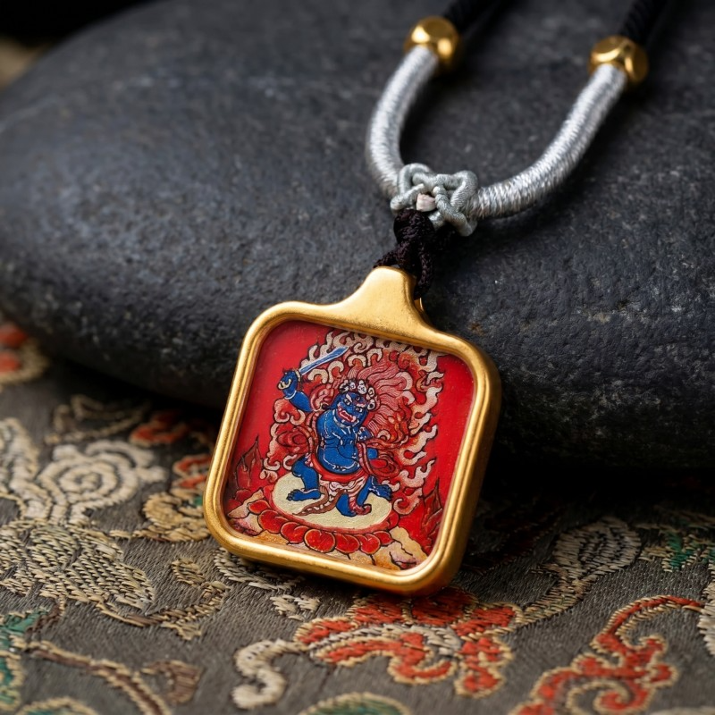Acala (Immovable Protector) Hand-Painted Thangka Pendant | Deity of Wrathful Protection & Obstacle Removal Amulet