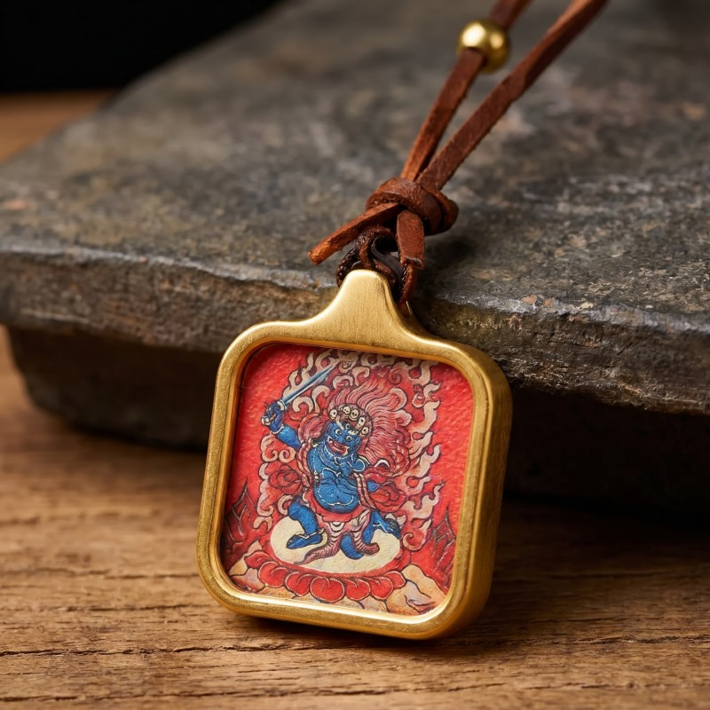 Acala (Immovable Protector) Hand-Painted Thangka Pendant | Deity of Wrathful Protection & Obstacle Removal Amulet image 2