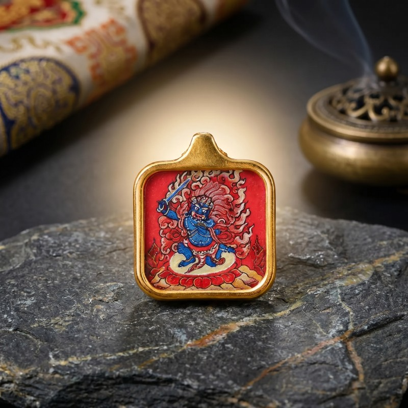 Acala (Immovable Protector) Hand-Painted Thangka Pendant | Deity of Wrathful Protection & Obstacle Removal Amulet image 3