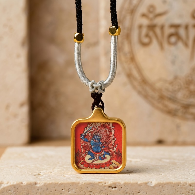 Acala (Immovable Protector) Hand-Painted Thangka Pendant | Deity of Wrathful Protection & Obstacle Removal Amulet image 4