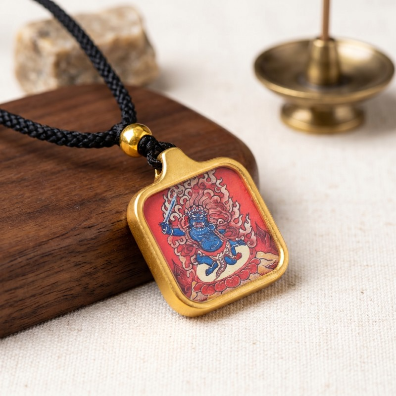 Acala (Immovable Protector) Hand-Painted Thangka Pendant | Deity of Wrathful Protection & Obstacle Removal Amulet image 6