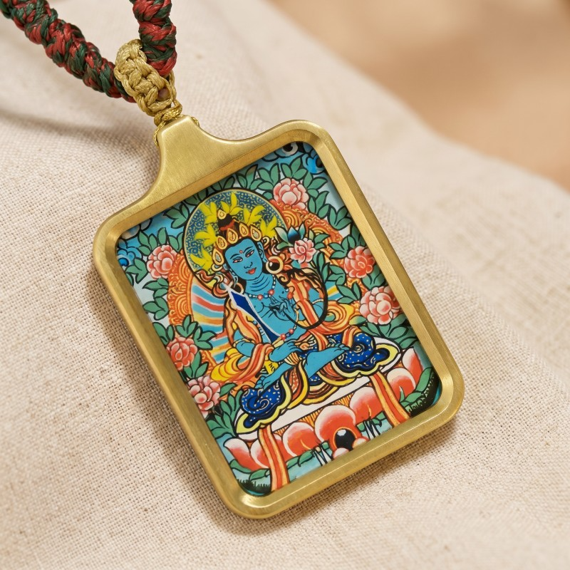 Ākāśagarbha Hand-Painted Thangka Pendant | Bodhisattva of Wisdom & Abundance Amulet