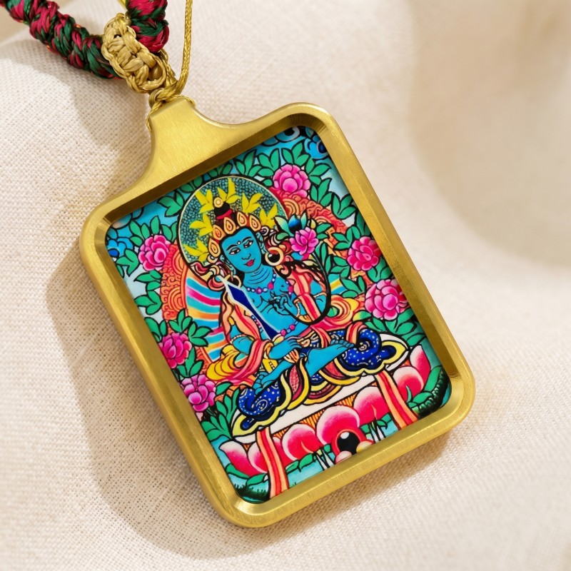 Ākāśagarbha Hand-Painted Thangka Pendant | Bodhisattva of Wisdom & Abundance Amulet image 3