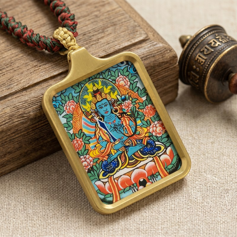 Ākāśagarbha Hand-Painted Thangka Pendant | Bodhisattva of Wisdom & Abundance Amulet image 4