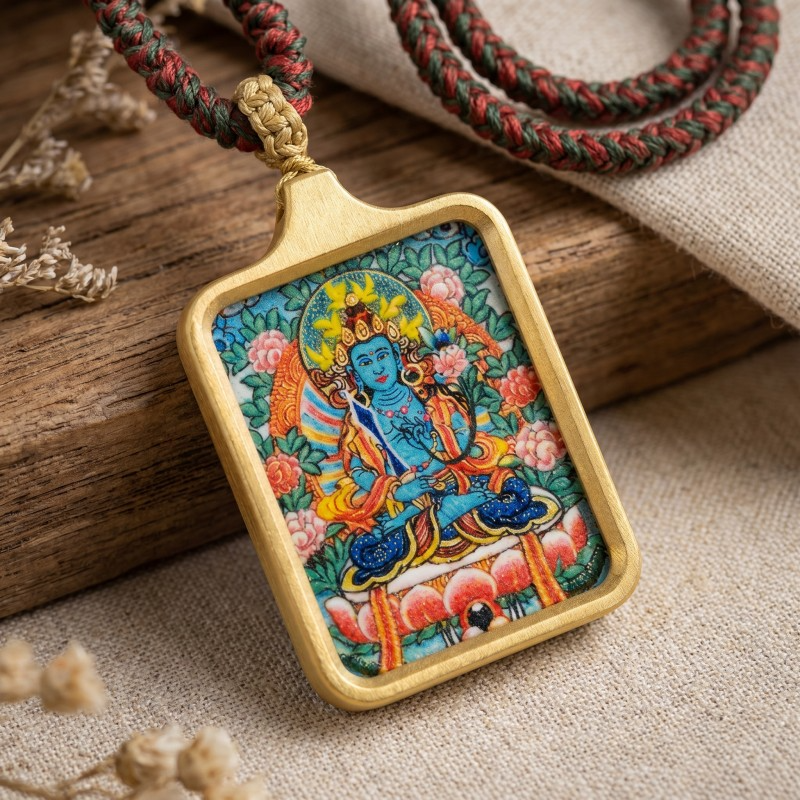 Ākāśagarbha Hand-Painted Thangka Pendant | Bodhisattva of Wisdom & Abundance Amulet image 6