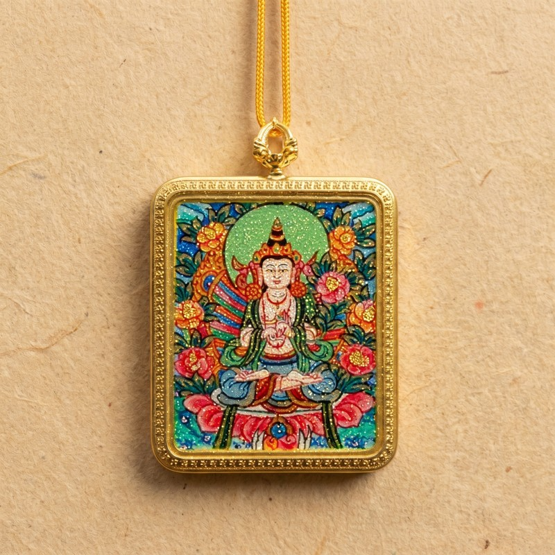 Akashagarbha Bodhisattva Hand-Painted Thangka Pendant | Deity of Wisdom & Financial Luck Amulet