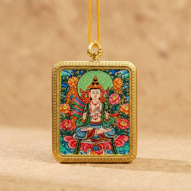 Akashagarbha Bodhisattva Hand-Painted Thangka Pendant | Deity of Wisdom & Financial Luck Amulet image 2