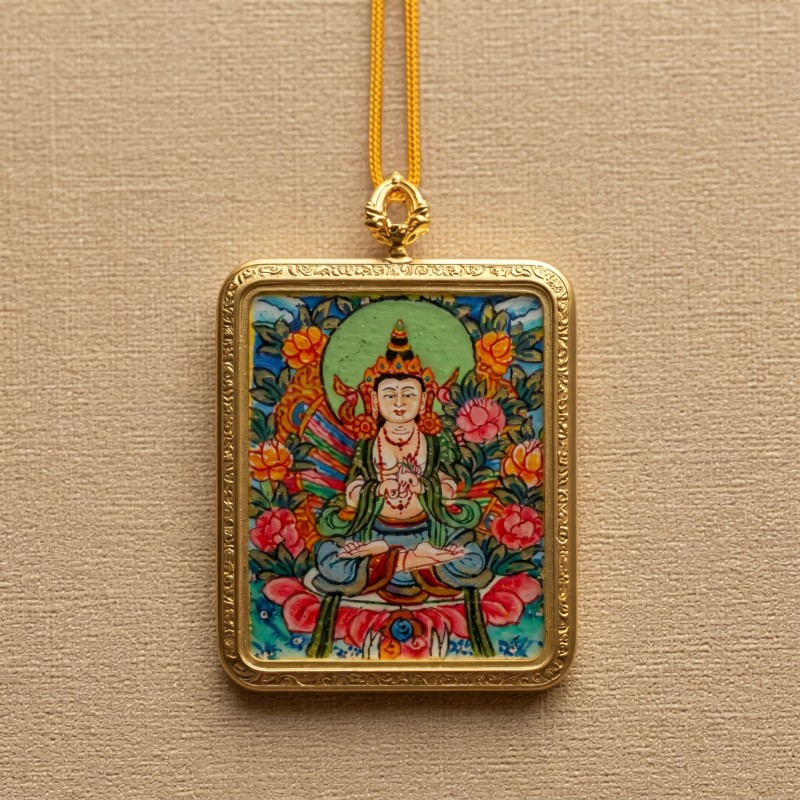 Akashagarbha Bodhisattva Hand-Painted Thangka Pendant | Deity of Wisdom & Financial Luck Amulet image 3