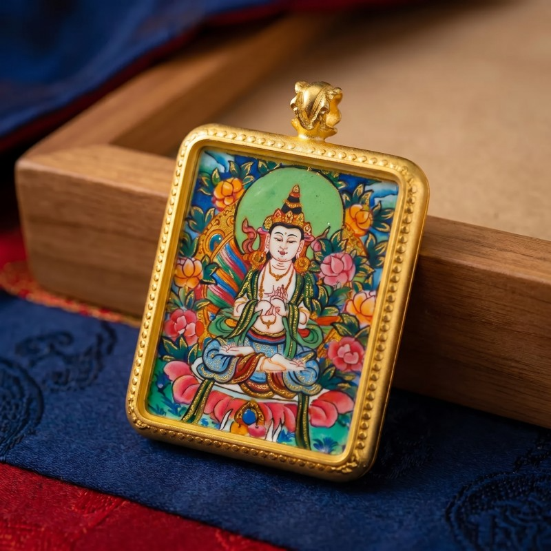 Akashagarbha Bodhisattva Hand-Painted Thangka Pendant | Deity of Wisdom & Financial Luck Amulet image 4