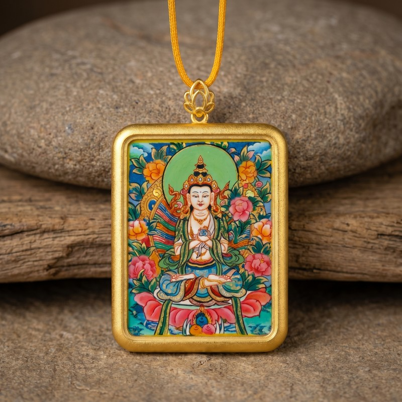 Akashagarbha Bodhisattva Hand-Painted Thangka Pendant | Deity of Wisdom & Financial Luck Amulet image 5