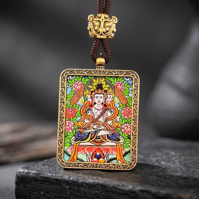 Akashagarbha Bodhisattva Hand-Painted Thangka Pendant | Deity of Wisdom & Financial Luck Amulet
