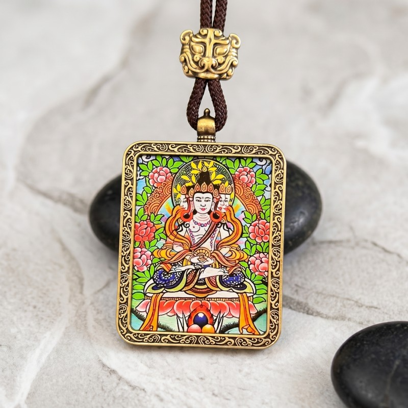 Akashagarbha Bodhisattva Hand-Painted Thangka Pendant | Deity of Wisdom & Financial Luck Amulet image 3