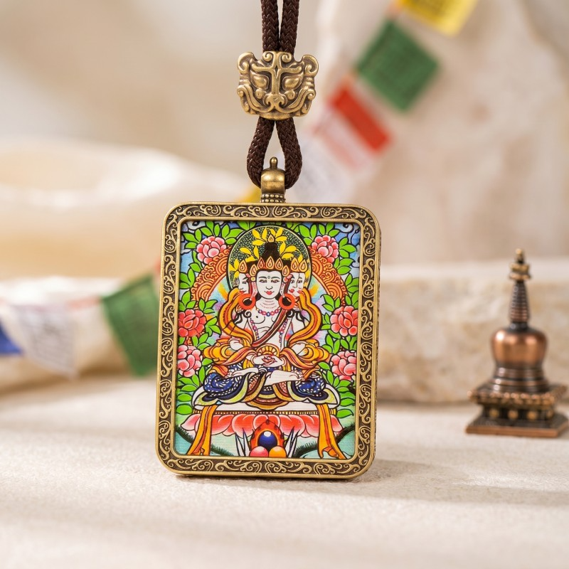 Akashagarbha Bodhisattva Hand-Painted Thangka Pendant | Deity of Wisdom & Financial Luck Amulet image 4