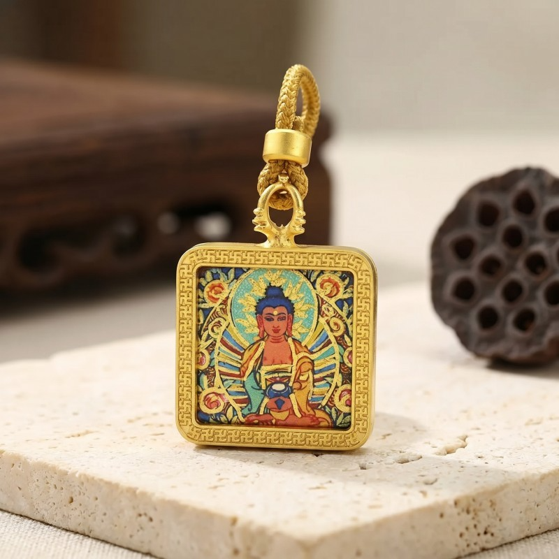 Amitabha Buddha (Amitayus) Hand-Painted Thangka Pendant | Buddha of Infinite Light & Longevity Amulet image 2