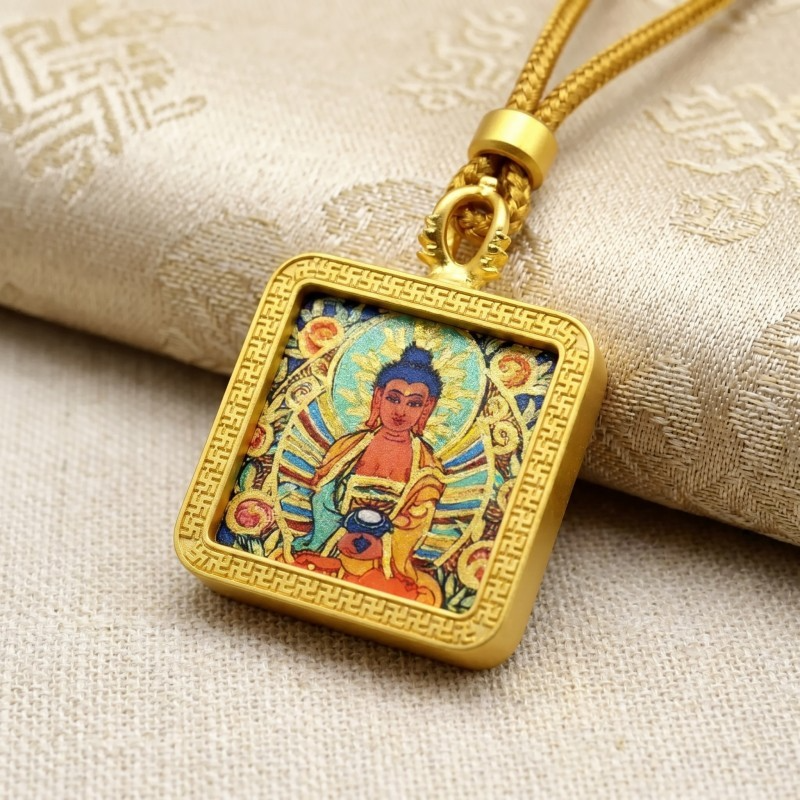 Amitabha Buddha (Amitayus) Hand-Painted Thangka Pendant | Buddha of Infinite Light & Longevity Amulet image 3