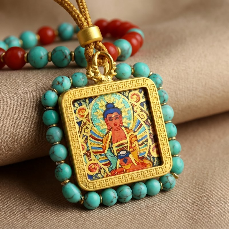 Amitabha Buddha (Amitayus) Hand-Painted Thangka Pendant | Buddha of Infinite Light & Longevity Amulet image 5