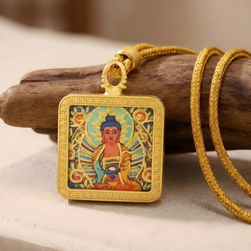 Amitabha Buddha (Amitayus) Hand-Painted Thangka Pendant | Buddha of Infinite Light & Longevity Amulet image 6