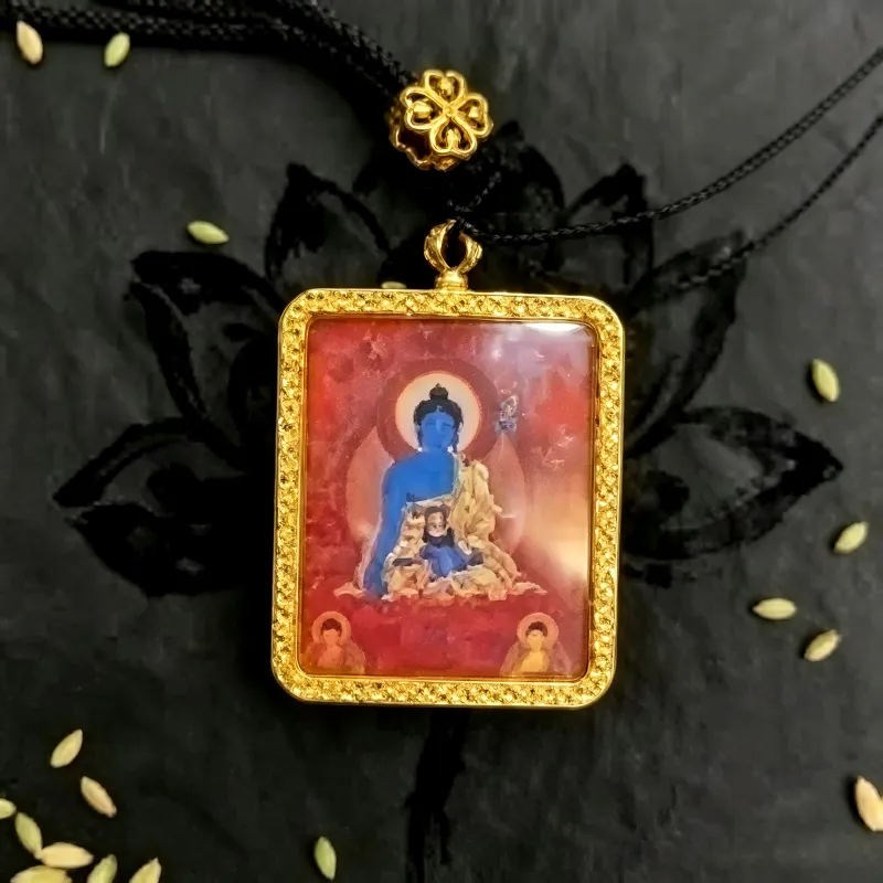 Amitabha Buddha Hand-Painted Thangka Pendant | Buddha of Infinite Light Amulet for Peace & Rebirth Blessings image 3