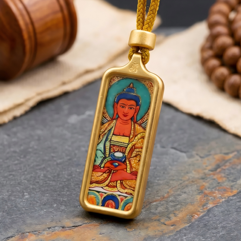 Amitabha Buddha Hand-Painted Thangka Pendant | Buddha of Infinite Light & Longevity Amulet image 3