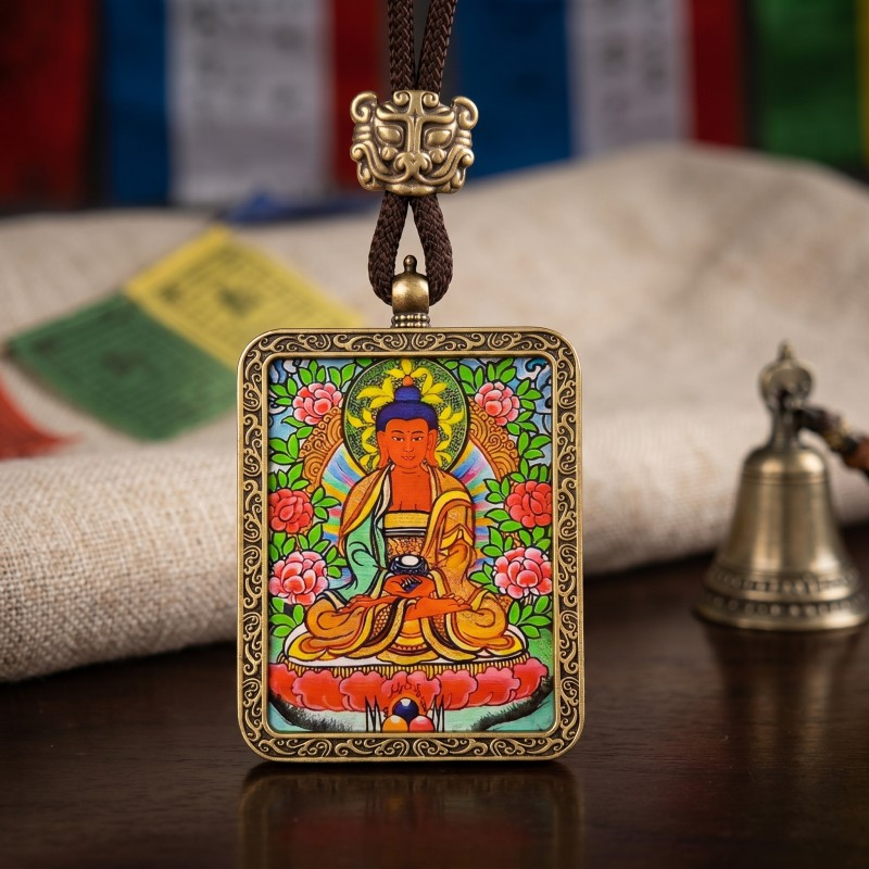 Amitabha Buddha Hand-Painted Thangka Pendant | Deity of Infinite Light & Longevity Amulet