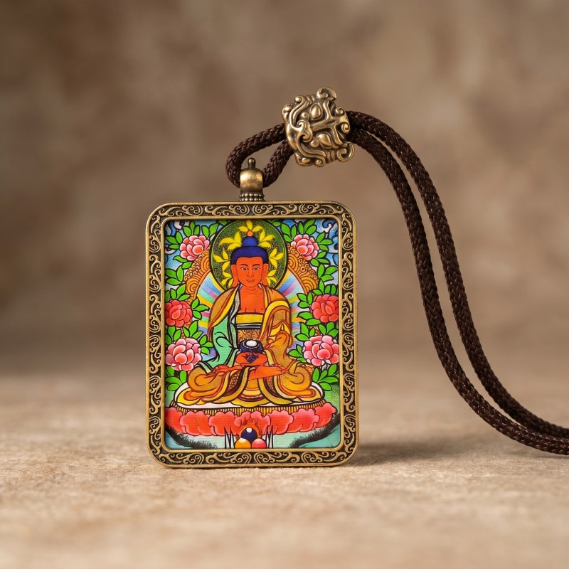 Amitabha Buddha Hand-Painted Thangka Pendant | Deity of Infinite Light & Longevity Amulet image 2