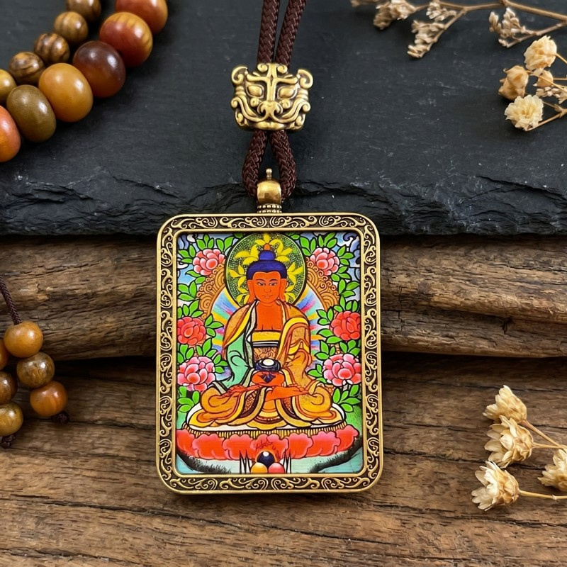 Amitabha Buddha Hand-Painted Thangka Pendant | Deity of Infinite Light & Longevity Amulet image 3
