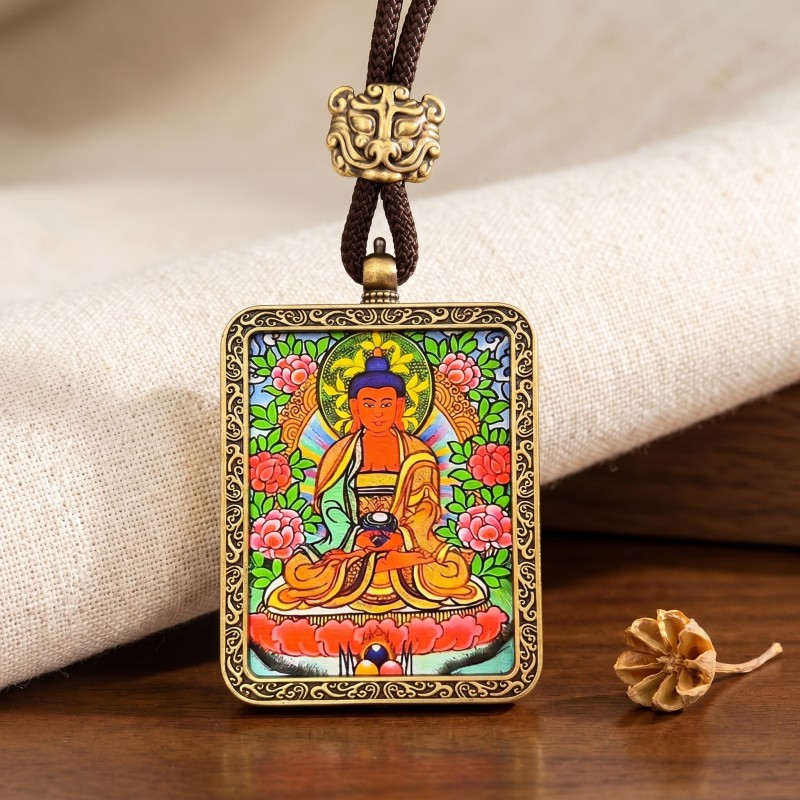 Amitabha Buddha Hand-Painted Thangka Pendant | Deity of Infinite Light & Longevity Amulet image 4