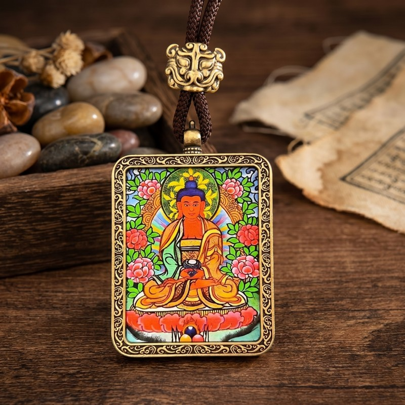 Amitabha Buddha Hand-Painted Thangka Pendant | Deity of Infinite Light & Longevity Amulet image 6