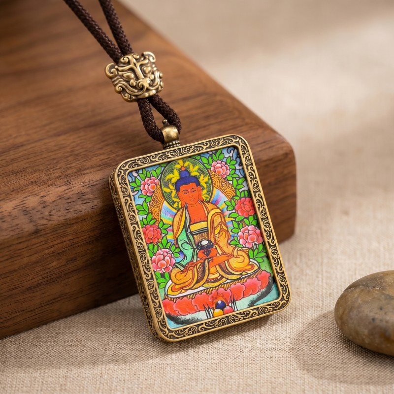 Amitabha Buddha Hand-Painted Thangka Pendant | Deity of Infinite Light & Longevity Amulet image 7