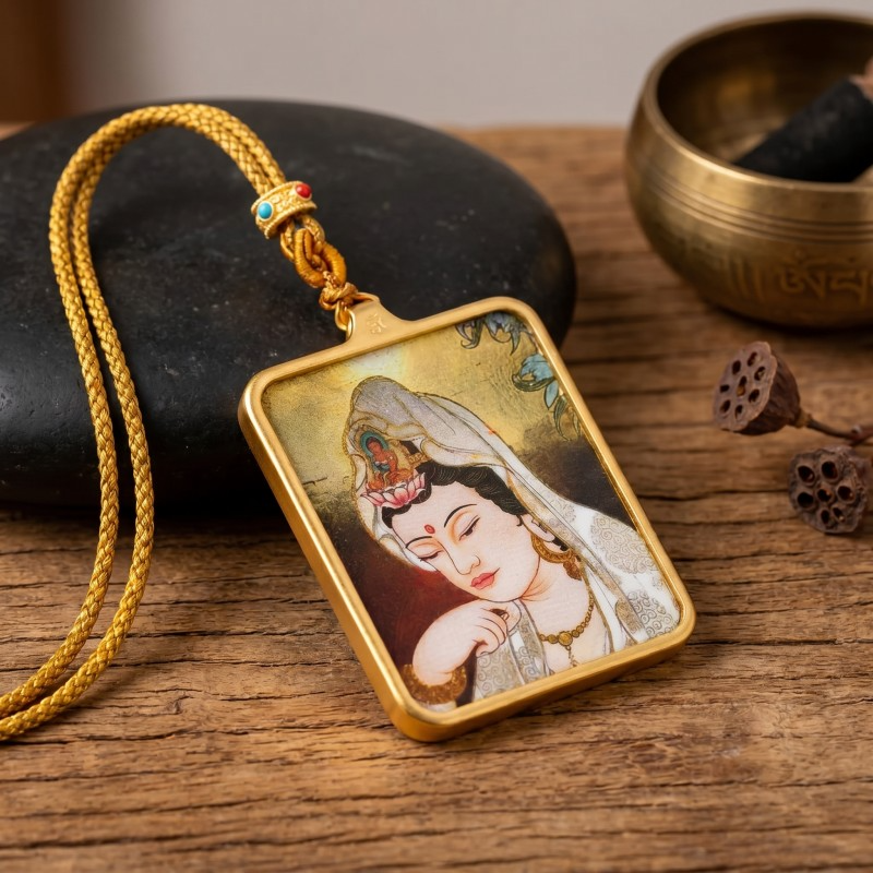 Avalokiteshvara (Compassionate Form) Hand-Painted Thangka Pendant | Amulet of Peace, Comfort & Divine Guidance