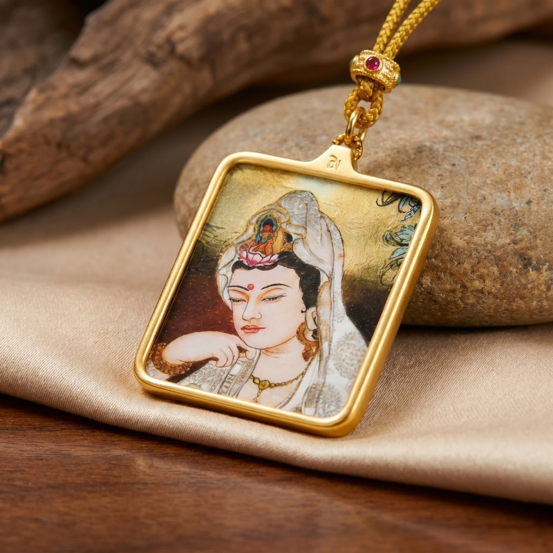 Avalokiteshvara (Compassionate Form) Hand-Painted Thangka Pendant | Amulet of Peace, Comfort & Divine Guidance image 3