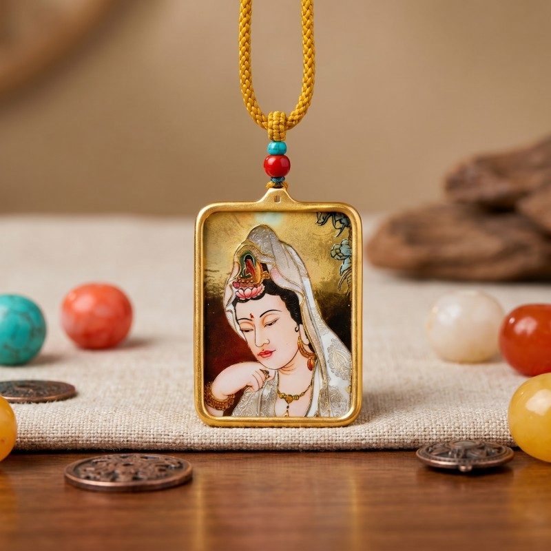 Avalokiteshvara (Compassionate Form) Hand-Painted Thangka Pendant | Amulet of Peace, Comfort & Divine Guidance image 4