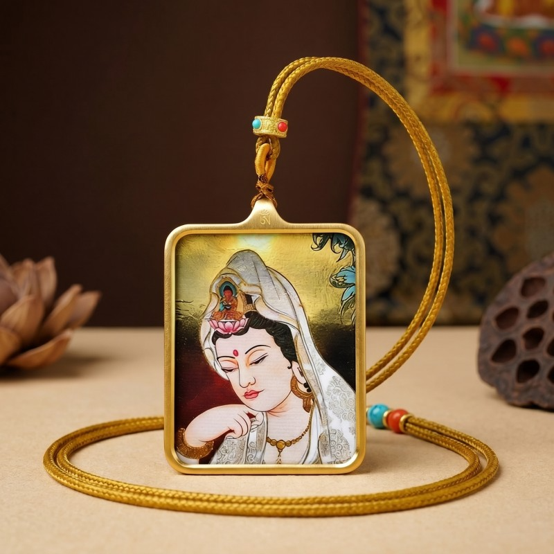 Avalokiteshvara (Compassionate Form) Hand-Painted Thangka Pendant | Amulet of Peace, Comfort & Divine Guidance image 5