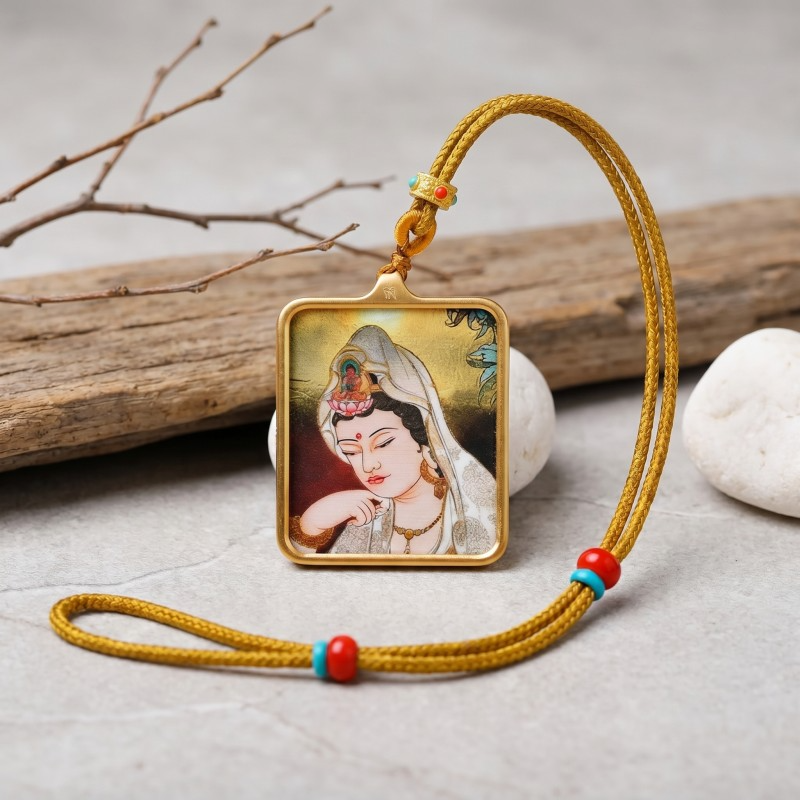 Avalokiteshvara (Compassionate Form) Hand-Painted Thangka Pendant | Amulet of Peace, Comfort & Divine Guidance image 6