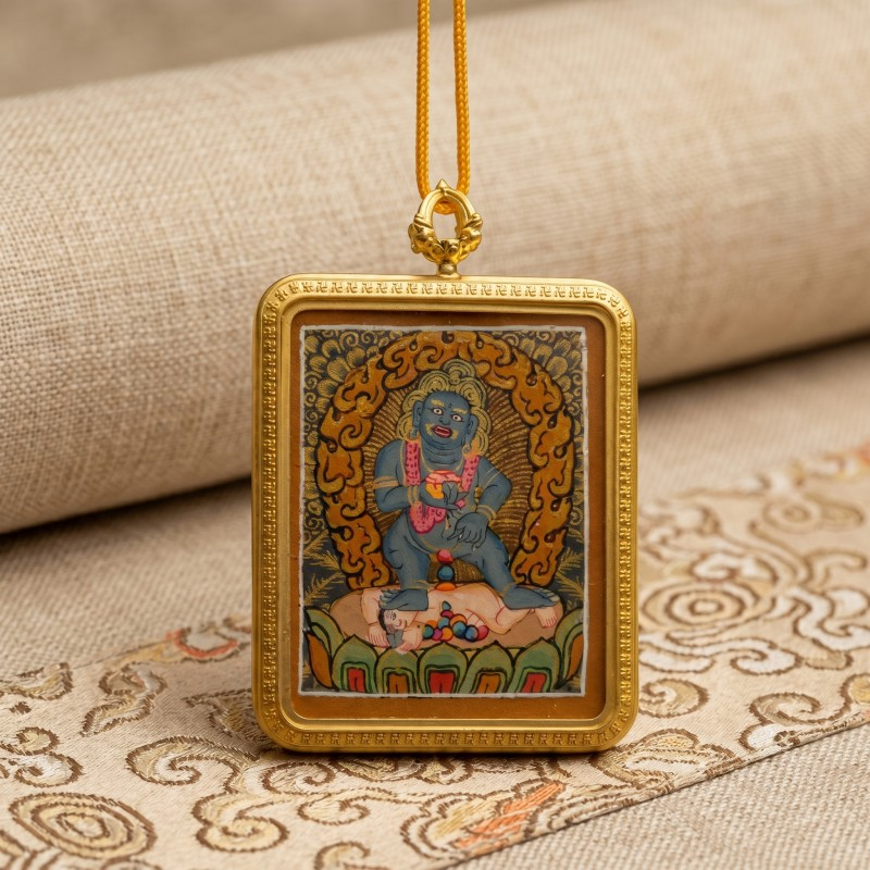 Black Jambhala Hand-Painted Thangka Pendant | God of Quick Wealth & Good Fortune Amulet