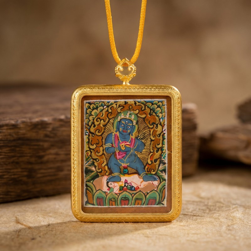 Black Jambhala Hand-Painted Thangka Pendant | God of Quick Wealth & Good Fortune Amulet image 2