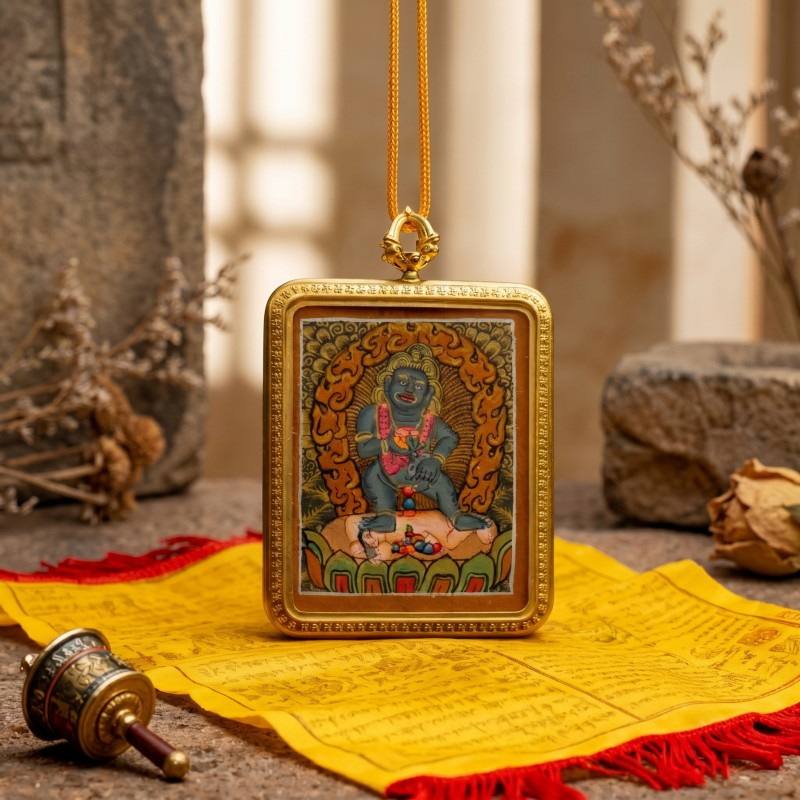 Black Jambhala Hand-Painted Thangka Pendant | God of Quick Wealth & Good Fortune Amulet image 3