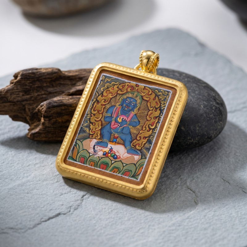Black Jambhala Hand-Painted Thangka Pendant | God of Quick Wealth & Good Fortune Amulet image 4
