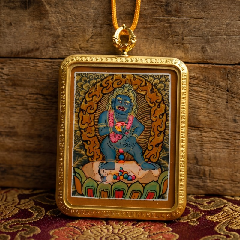Black Jambhala Hand-Painted Thangka Pendant | God of Quick Wealth & Good Fortune Amulet image 5