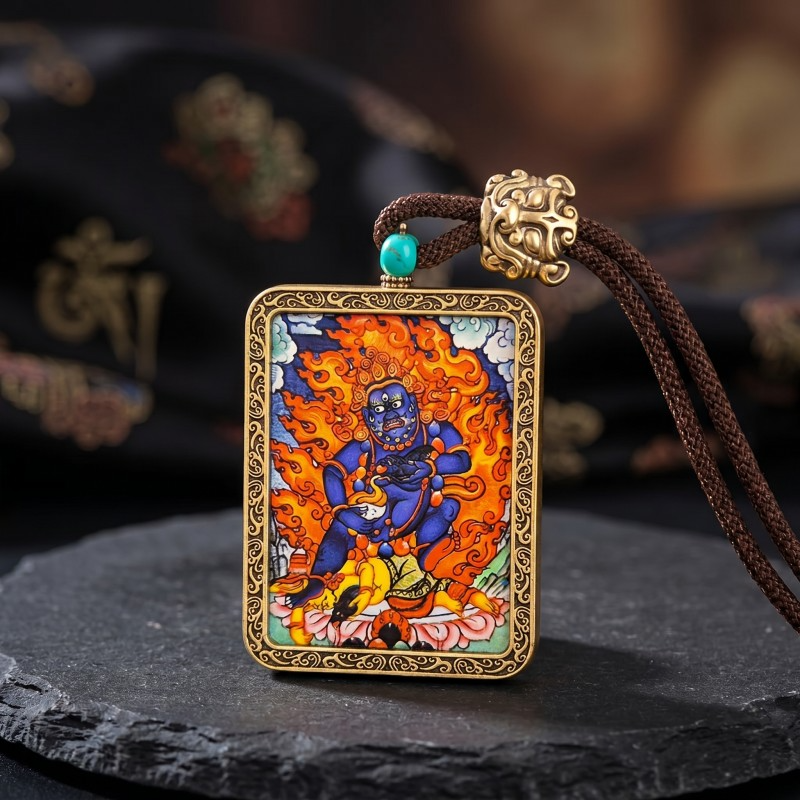 Black Jambhala Hand-Painted Thangka Pendant | God of Swift Fortune & Obstacle Removal Amulet