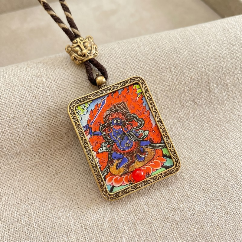 Black Jambhala Hand-Painted Thangka Pendant | God of Swift Fortune & Obstacle Removal Amulet image 2