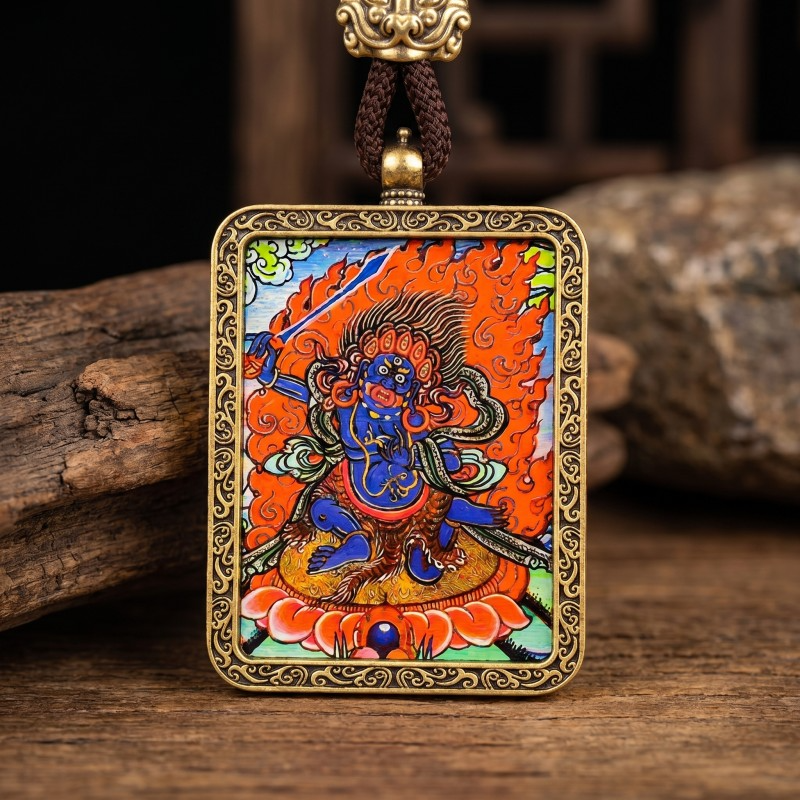 Black Jambhala Hand-Painted Thangka Pendant | God of Swift Fortune & Obstacle Removal Amulet image 3
